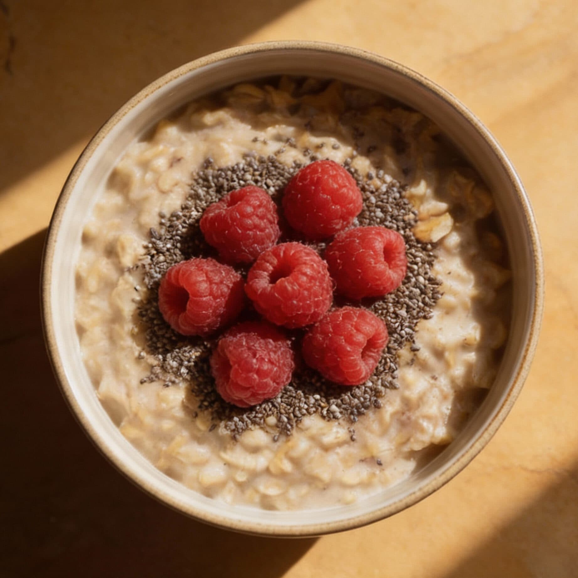 A bowl of oatmeal with berries and chia seeds
